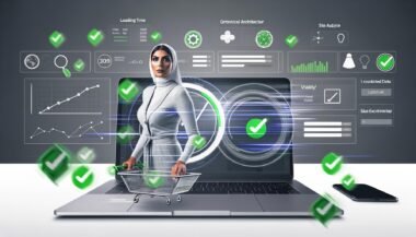 Laptop mit Onlineshop-Dashboard zeigt Analyse-Grafiken zu organischem Traffic, Ladezeiten und technischem SEO-Audit. Im Hintergrund reguliert eine Person die Sichtbarkeit des Shops, umgeben von SEO- und Struktur-Icons sowie Mobilgerät.