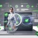 Laptop mit Onlineshop-Dashboard zeigt Analyse-Grafiken zu organischem Traffic, Ladezeiten und technischem SEO-Audit. Im Hintergrund reguliert eine Person die Sichtbarkeit des Shops, umgeben von SEO- und Struktur-Icons sowie Mobilgerät.