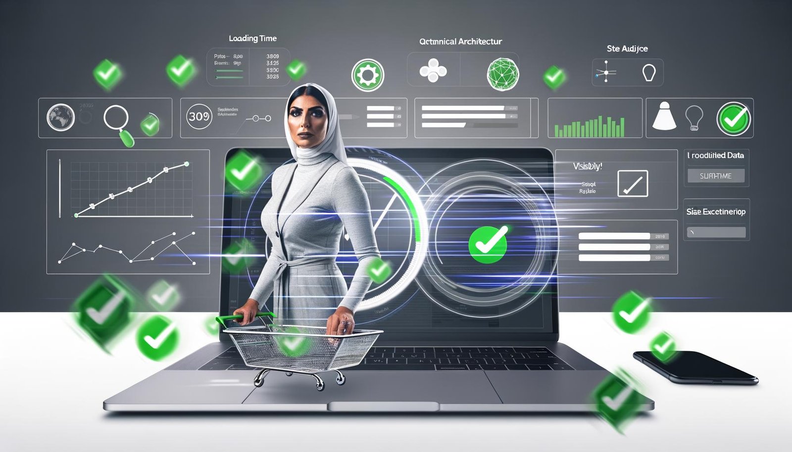 Laptop mit Onlineshop-Dashboard zeigt Analyse-Grafiken zu organischem Traffic, Ladezeiten und technischem SEO-Audit. Im Hintergrund reguliert eine Person die Sichtbarkeit des Shops, umgeben von SEO- und Struktur-Icons sowie Mobilgerät.