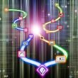 Symbolischer Nutzerweg als leuchtender Pfad mit Icons für Mausklick, Menü, Filter, Tab und Button, eingebettet in ein Labyrinth aus Webseiten-Elementen, Zahlen und Analysedaten; am Ende eine glänzende Conversion-Trophäe.