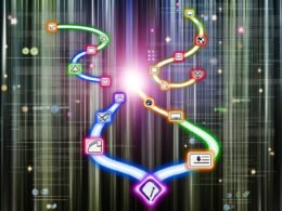 Symbolischer Nutzerweg als leuchtender Pfad mit Icons für Mausklick, Menü, Filter, Tab und Button, eingebettet in ein Labyrinth aus Webseiten-Elementen, Zahlen und Analysedaten; am Ende eine glänzende Conversion-Trophäe.