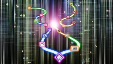 Symbolischer Nutzerweg als leuchtender Pfad mit Icons für Mausklick, Menü, Filter, Tab und Button, eingebettet in ein Labyrinth aus Webseiten-Elementen, Zahlen und Analysedaten; am Ende eine glänzende Conversion-Trophäe.