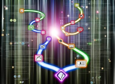 Symbolischer Nutzerweg als leuchtender Pfad mit Icons für Mausklick, Menü, Filter, Tab und Button, eingebettet in ein Labyrinth aus Webseiten-Elementen, Zahlen und Analysedaten; am Ende eine glänzende Conversion-Trophäe.