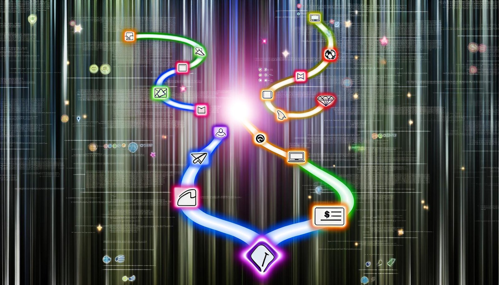 Symbolischer Nutzerweg als leuchtender Pfad mit Icons für Mausklick, Menü, Filter, Tab und Button, eingebettet in ein Labyrinth aus Webseiten-Elementen, Zahlen und Analysedaten; am Ende eine glänzende Conversion-Trophäe.