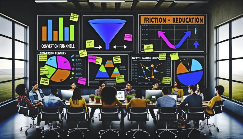 Junges, diverses Online-Marketing-Team analysiert digitale Daten auf großen Neon-Monitoren in einer modernen, energiegeladenen Loft-Umgebung.