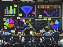 Junges, diverses Online-Marketing-Team analysiert digitale Daten auf großen Neon-Monitoren in einer modernen, energiegeladenen Loft-Umgebung.