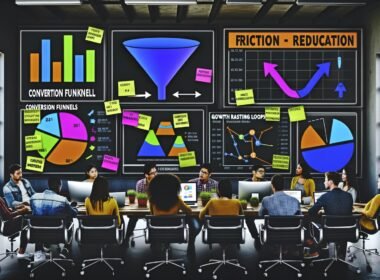 Junges, diverses Online-Marketing-Team analysiert digitale Daten auf großen Neon-Monitoren in einer modernen, energiegeladenen Loft-Umgebung.
