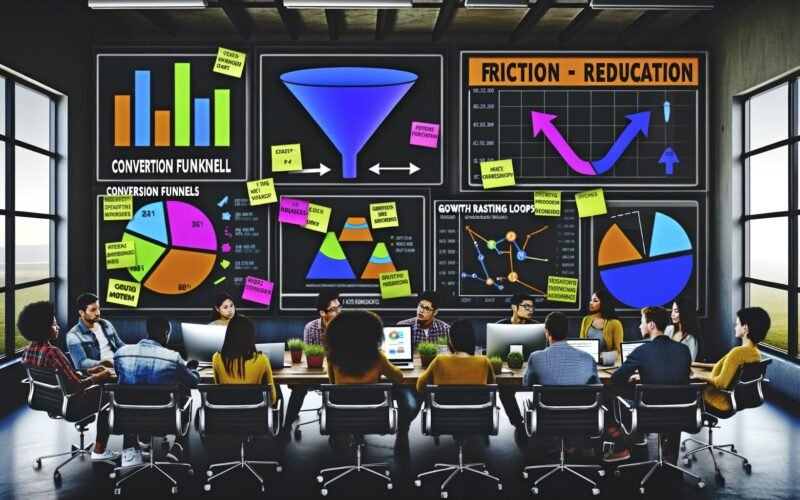Junges, diverses Online-Marketing-Team analysiert digitale Daten auf großen Neon-Monitoren in einer modernen, energiegeladenen Loft-Umgebung.