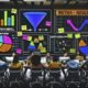 Junges, diverses Online-Marketing-Team analysiert digitale Daten auf großen Neon-Monitoren in einer modernen, energiegeladenen Loft-Umgebung.