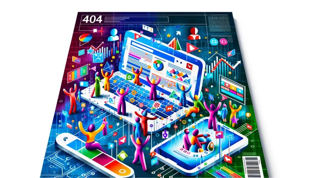 Moderne Titelillustration mit Laptop, Smartphone, Suchleiste, animierten Grafiken, Nutzerfiguren, Webseiten-Rankings und Social Media Icons in dynamischer, farbenfroher Szene.