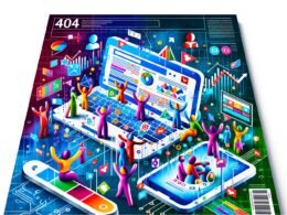 Moderne Titelillustration mit Laptop, Smartphone, Suchleiste, animierten Grafiken, Nutzerfiguren, Webseiten-Rankings und Social Media Icons in dynamischer, farbenfroher Szene.