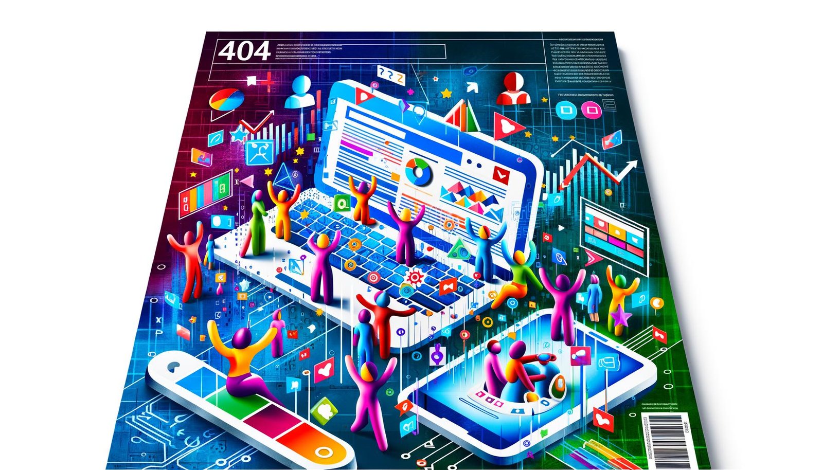 Moderne Titelillustration mit Laptop, Smartphone, Suchleiste, animierten Grafiken, Nutzerfiguren, Webseiten-Rankings und Social Media Icons in dynamischer, farbenfroher Szene.