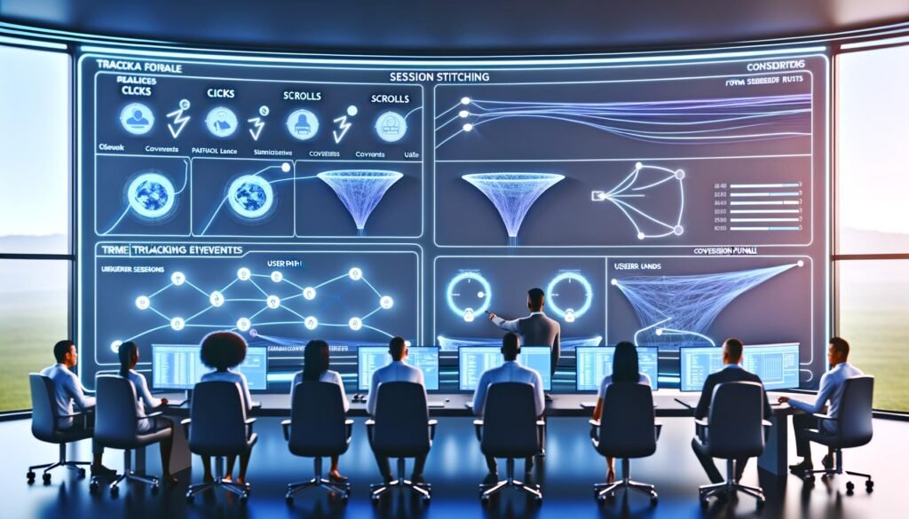 Ein digitaler Kontrollraum voller Bildschirme mit Flussdiagrammen, Nutzerpfaden, Ereignis-Tracking und Conversion-Trichtern, analysiert von einem diverses Team von Marketern und Analysten.