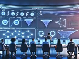 Ein digitaler Kontrollraum voller Bildschirme mit Flussdiagrammen, Nutzerpfaden, Ereignis-Tracking und Conversion-Trichtern, analysiert von einem diverses Team von Marketern und Analysten.