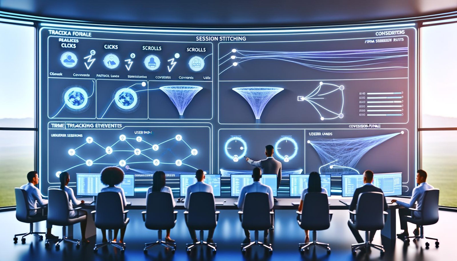 Ein digitaler Kontrollraum voller Bildschirme mit Flussdiagrammen, Nutzerpfaden, Ereignis-Tracking und Conversion-Trichtern, analysiert von einem diverses Team von Marketern und Analysten.