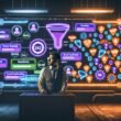 Vibrante, moderne Editorial-Illustration: Digitalmarketer steht in dunkelblau beleuchtetem High-Tech-Raum voller Analysedashboards und Conversion-Funnels, Datenströme als Kabel, schwebende UI-Elemente wie Sozialbeweise und Trust-Badges, im Hintergrund veraltete Methoden.