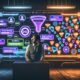 Vibrante, moderne Editorial-Illustration: Digitalmarketer steht in dunkelblau beleuchtetem High-Tech-Raum voller Analysedashboards und Conversion-Funnels, Datenströme als Kabel, schwebende UI-Elemente wie Sozialbeweise und Trust-Badges, im Hintergrund veraltete Methoden.