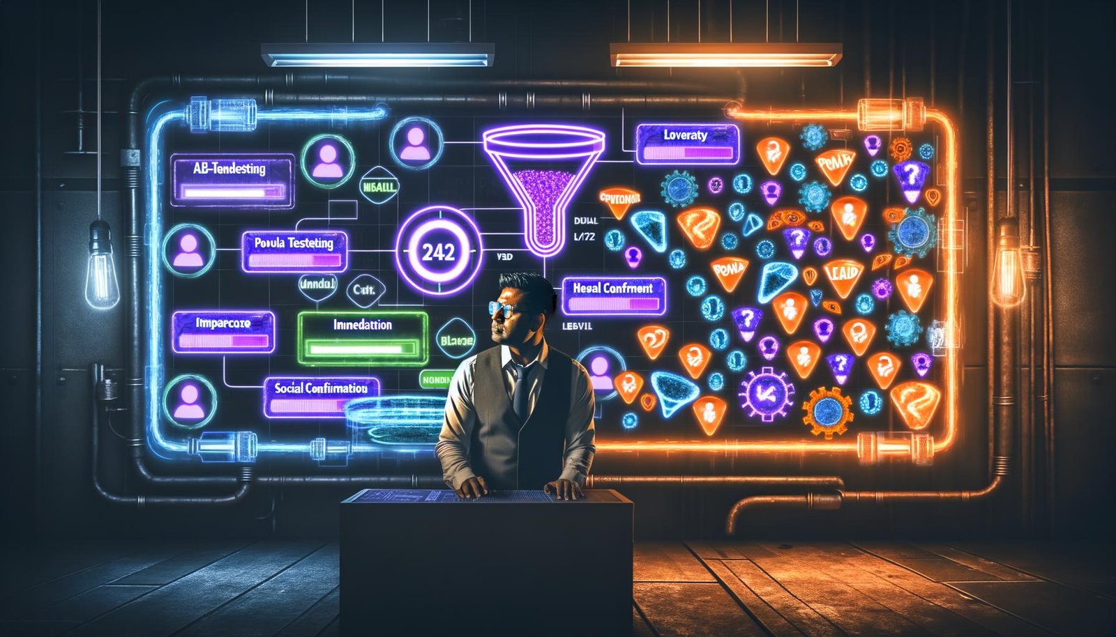 Vibrante, moderne Editorial-Illustration: Digitalmarketer steht in dunkelblau beleuchtetem High-Tech-Raum voller Analysedashboards und Conversion-Funnels, Datenströme als Kabel, schwebende UI-Elemente wie Sozialbeweise und Trust-Badges, im Hintergrund veraltete Methoden.