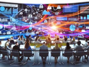Marketingteam betrachtet bunte Datenvisualisierungen mit Klickrouten, Heatmaps und Conversion-Funnels auf mehreren Monitoren. Abstrakte Datenströme im Hintergrund und Symbole für Datenschutz zeigen eine innovative, digitale Arbeitsumgebung.