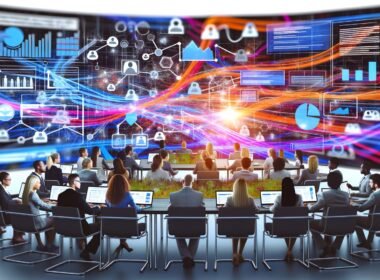 Marketingteam betrachtet bunte Datenvisualisierungen mit Klickrouten, Heatmaps und Conversion-Funnels auf mehreren Monitoren. Abstrakte Datenströme im Hintergrund und Symbole für Datenschutz zeigen eine innovative, digitale Arbeitsumgebung.