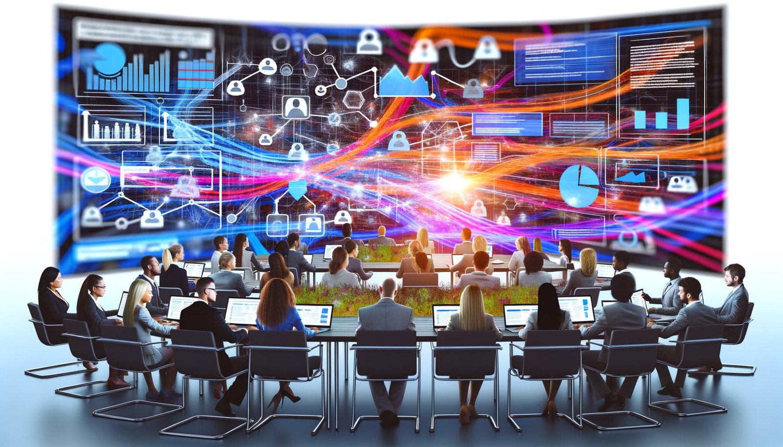 Marketingteam betrachtet bunte Datenvisualisierungen mit Klickrouten, Heatmaps und Conversion-Funnels auf mehreren Monitoren. Abstrakte Datenströme im Hintergrund und Symbole für Datenschutz zeigen eine innovative, digitale Arbeitsumgebung.