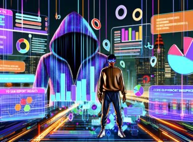 Illustration einer modernen Analystin vor einer geöffneten, digitalen Motorhaube mit bunten Datenströmen, Error-Codes, Core Web Vitals-Indikatoren und schwebenden Diagrammen in einer nächtlichen Cyberpunk-Großstadt.