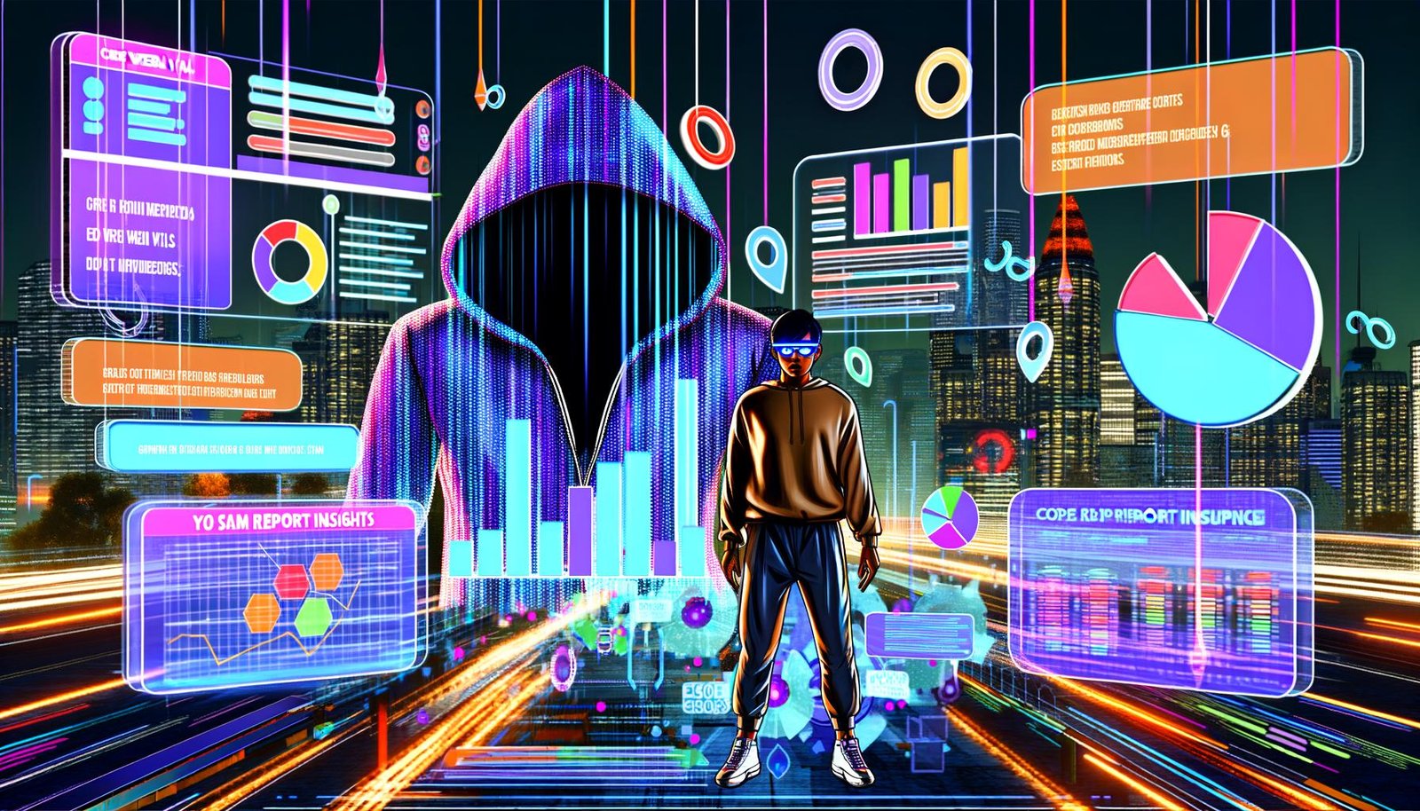 Illustration einer modernen Analystin vor einer geöffneten, digitalen Motorhaube mit bunten Datenströmen, Error-Codes, Core Web Vitals-Indikatoren und schwebenden Diagrammen in einer nächtlichen Cyberpunk-Großstadt.