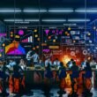 Digitales Marketing-Team arbeitet nachts an Dashboards, Funnel-Diagrammen und Conversion-Heatmaps in einem energiegeladenen, modernen Büro mit Mindmaps, Sticky Notes und UX-Playbooks.