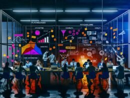 Digitales Marketing-Team arbeitet nachts an Dashboards, Funnel-Diagrammen und Conversion-Heatmaps in einem energiegeladenen, modernen Büro mit Mindmaps, Sticky Notes und UX-Playbooks.