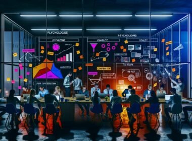 Digitales Marketing-Team arbeitet nachts an Dashboards, Funnel-Diagrammen und Conversion-Heatmaps in einem energiegeladenen, modernen Büro mit Mindmaps, Sticky Notes und UX-Playbooks.