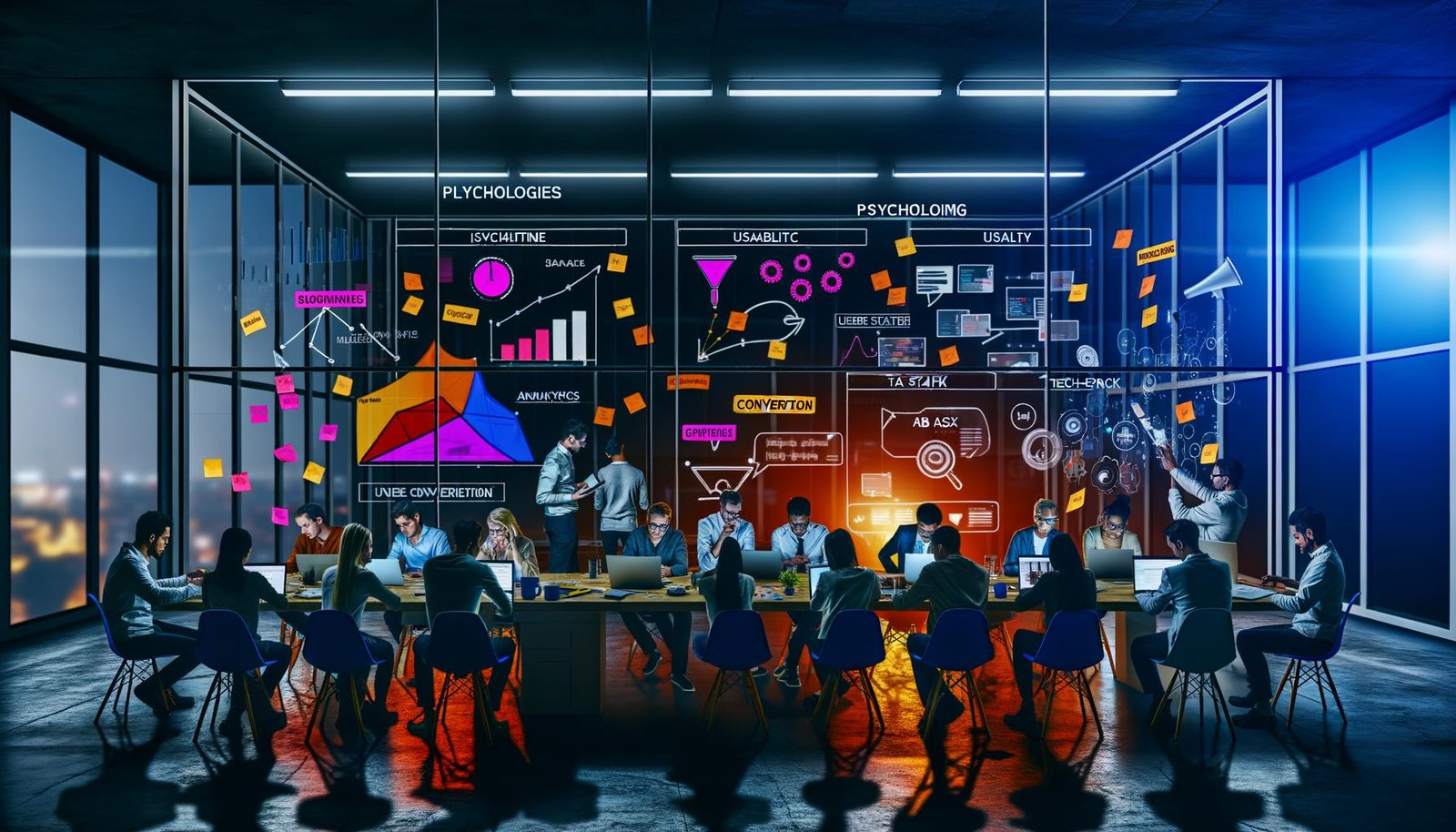Digitales Marketing-Team arbeitet nachts an Dashboards, Funnel-Diagrammen und Conversion-Heatmaps in einem energiegeladenen, modernen Büro mit Mindmaps, Sticky Notes und UX-Playbooks.