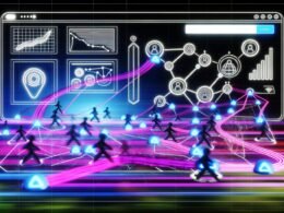 Hightech-Illustration eines verschlungenen Netzwerks aus Neonpfaden und Nodes über einer Web-Oberfläche mit digitalen Nutzern, Visualisierung von Funnel-Charts, Pfaddiagrammen und Heatmaps, 404 Magazine Logo im Hintergrund.