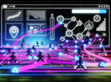 Hightech-Illustration eines verschlungenen Netzwerks aus Neonpfaden und Nodes über einer Web-Oberfläche mit digitalen Nutzern, Visualisierung von Funnel-Charts, Pfaddiagrammen und Heatmaps, 404 Magazine Logo im Hintergrund.