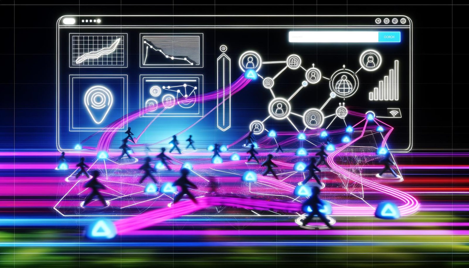 Hightech-Illustration eines verschlungenen Netzwerks aus Neonpfaden und Nodes über einer Web-Oberfläche mit digitalen Nutzern, Visualisierung von Funnel-Charts, Pfaddiagrammen und Heatmaps, 404 Magazine Logo im Hintergrund.
