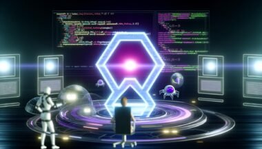 Futuristischer SEO-Experte in einem dunklen Kontrollzentrum mit holografischen Anzeigen von Meta-Tags, HTML-Code und Suchmaschinen-Rankings. Zentral leuchtet ein übergroßes Meta-Tag-Symbol.