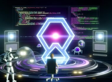 Futuristischer SEO-Experte in einem dunklen Kontrollzentrum mit holografischen Anzeigen von Meta-Tags, HTML-Code und Suchmaschinen-Rankings. Zentral leuchtet ein übergroßes Meta-Tag-Symbol.