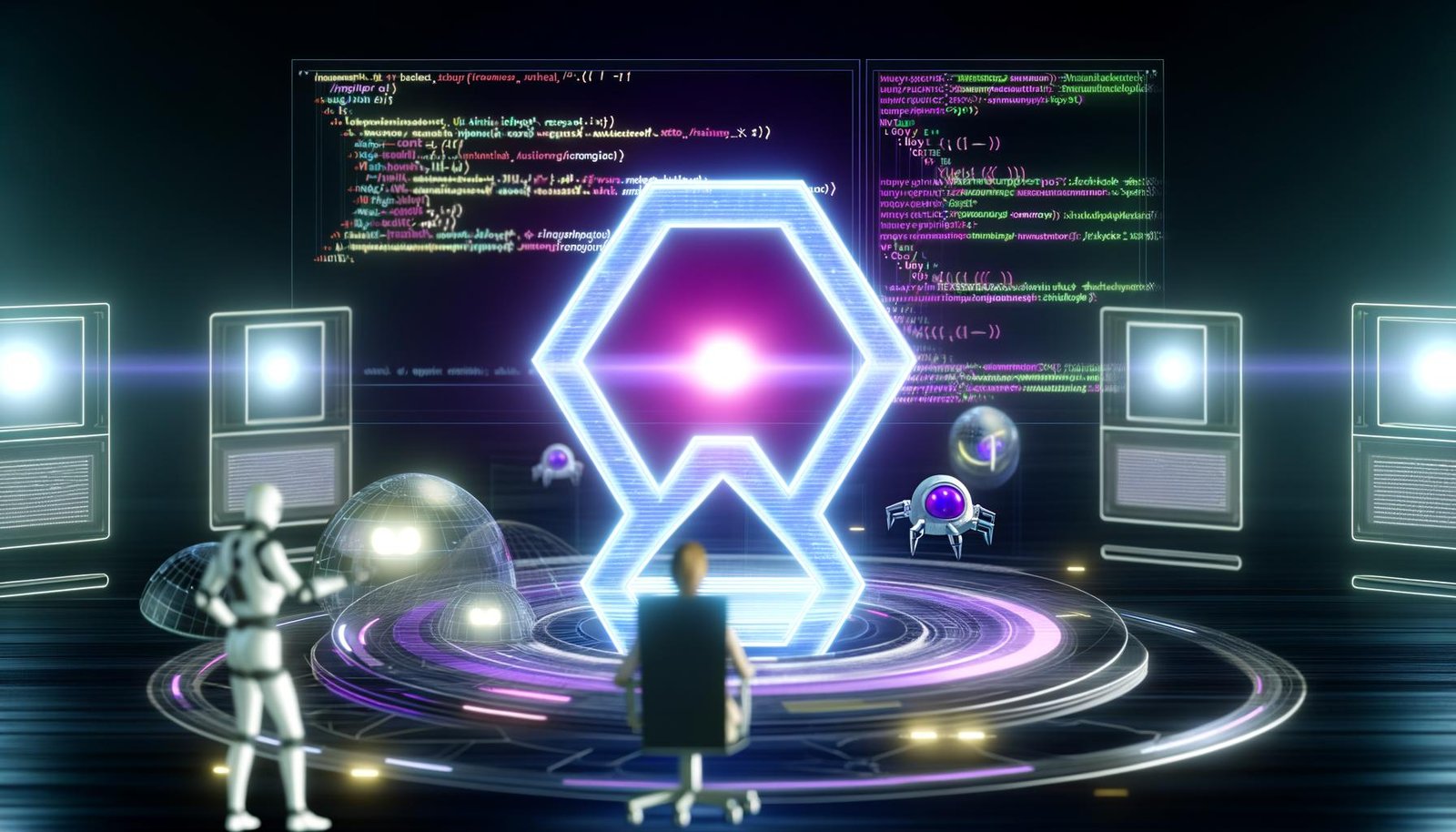 Futuristischer SEO-Experte in einem dunklen Kontrollzentrum mit holografischen Anzeigen von Meta-Tags, HTML-Code und Suchmaschinen-Rankings. Zentral leuchtet ein übergroßes Meta-Tag-Symbol.