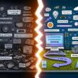 Digitales Split-Screen-Bild mit einer chaotischen, langsamen E-Commerce-Landingpage links und einem optimierten, schnellen Onlineshop-Funnel 2025 rechts, getrennt durch einen leuchtenden Conversion Gap.