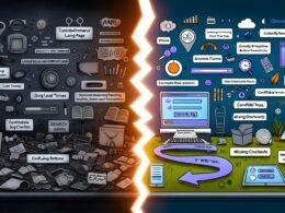 Digitales Split-Screen-Bild mit einer chaotischen, langsamen E-Commerce-Landingpage links und einem optimierten, schnellen Onlineshop-Funnel 2025 rechts, getrennt durch einen leuchtenden Conversion Gap.