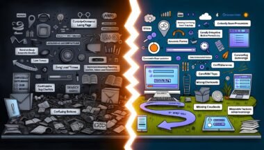 Digitales Split-Screen-Bild mit einer chaotischen, langsamen E-Commerce-Landingpage links und einem optimierten, schnellen Onlineshop-Funnel 2025 rechts, getrennt durch einen leuchtenden Conversion Gap.