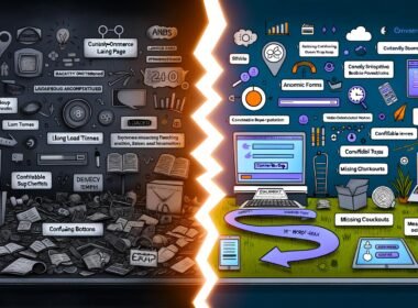 Digitales Split-Screen-Bild mit einer chaotischen, langsamen E-Commerce-Landingpage links und einem optimierten, schnellen Onlineshop-Funnel 2025 rechts, getrennt durch einen leuchtenden Conversion Gap.