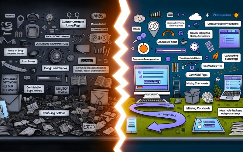 Digitales Split-Screen-Bild mit einer chaotischen, langsamen E-Commerce-Landingpage links und einem optimierten, schnellen Onlineshop-Funnel 2025 rechts, getrennt durch einen leuchtenden Conversion Gap.