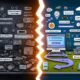 Digitales Split-Screen-Bild mit einer chaotischen, langsamen E-Commerce-Landingpage links und einem optimierten, schnellen Onlineshop-Funnel 2025 rechts, getrennt durch einen leuchtenden Conversion Gap.