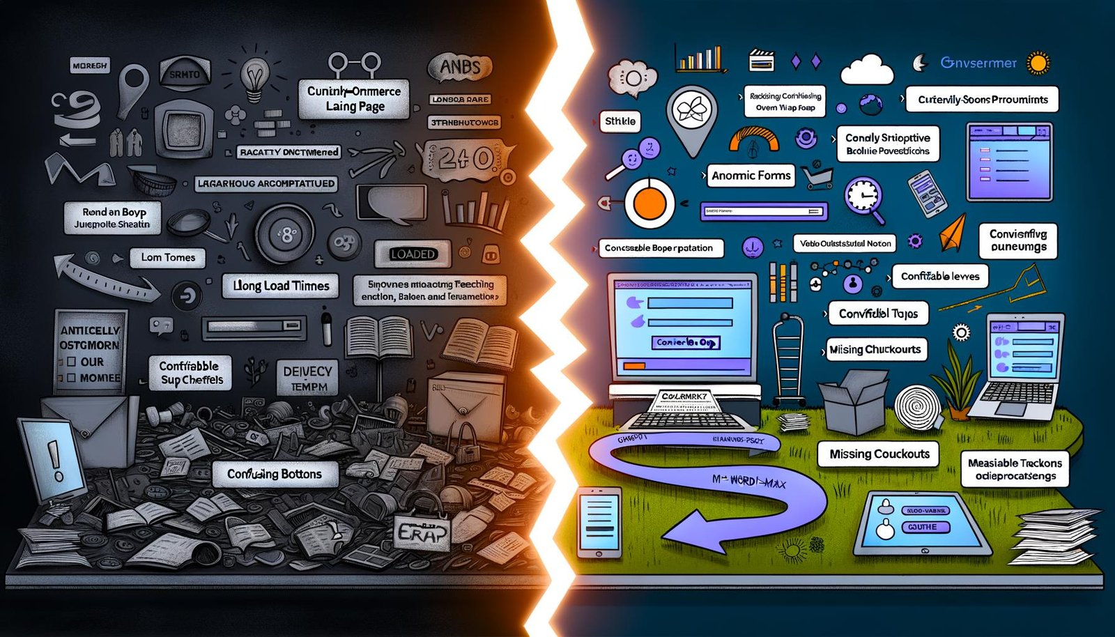 Digitales Split-Screen-Bild mit einer chaotischen, langsamen E-Commerce-Landingpage links und einem optimierten, schnellen Onlineshop-Funnel 2025 rechts, getrennt durch einen leuchtenden Conversion Gap.
