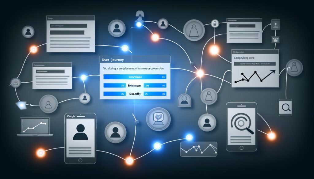 Modernes digitales Dashboard mit Nutzerpfad-Visualisierung, Hotspots, Drop-Off-Symbolen, Datencharts und Analyse-Tool-Icons, genutzt auf Desktop, Tablet und Smartphone.