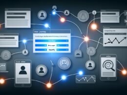 Modernes digitales Dashboard mit Nutzerpfad-Visualisierung, Hotspots, Drop-Off-Symbolen, Datencharts und Analyse-Tool-Icons, genutzt auf Desktop, Tablet und Smartphone.