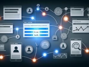 Modernes digitales Dashboard mit Nutzerpfad-Visualisierung, Hotspots, Drop-Off-Symbolen, Datencharts und Analyse-Tool-Icons, genutzt auf Desktop, Tablet und Smartphone.