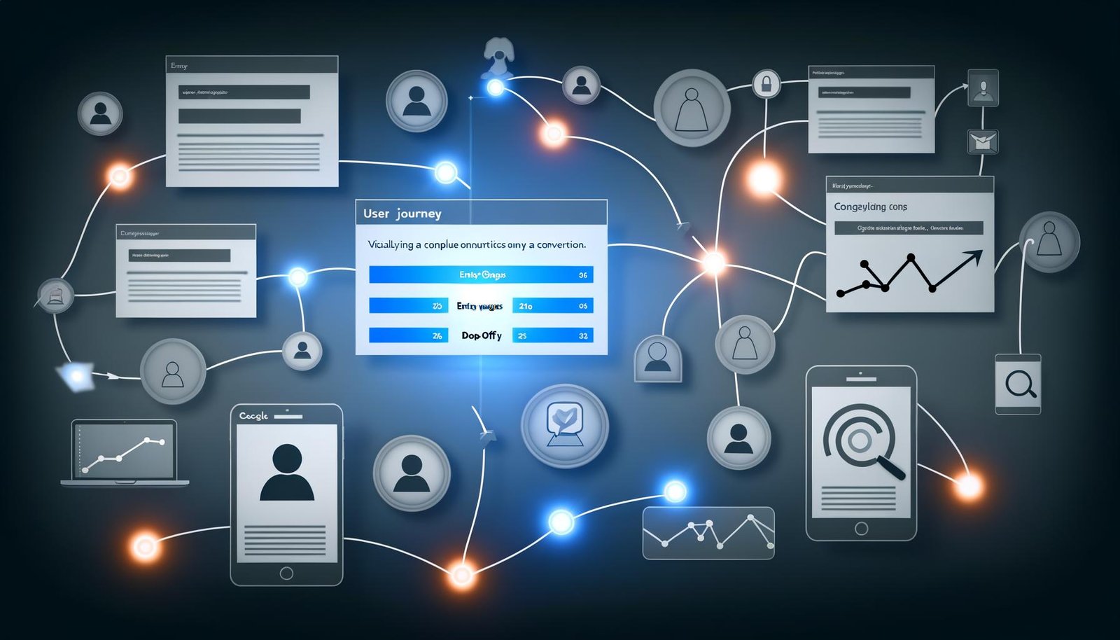 Modernes digitales Dashboard mit Nutzerpfad-Visualisierung, Hotspots, Drop-Off-Symbolen, Datencharts und Analyse-Tool-Icons, genutzt auf Desktop, Tablet und Smartphone.