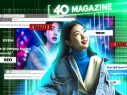 Junge koreanische Schauspielerin lässig und selbstbewusst im Rampenlicht eines modernen K-Drama-Sets mit digitalen Bildschirmelementen, die Keywords wie „SEO“, „Trend“ und „Netflix“ zeigen.