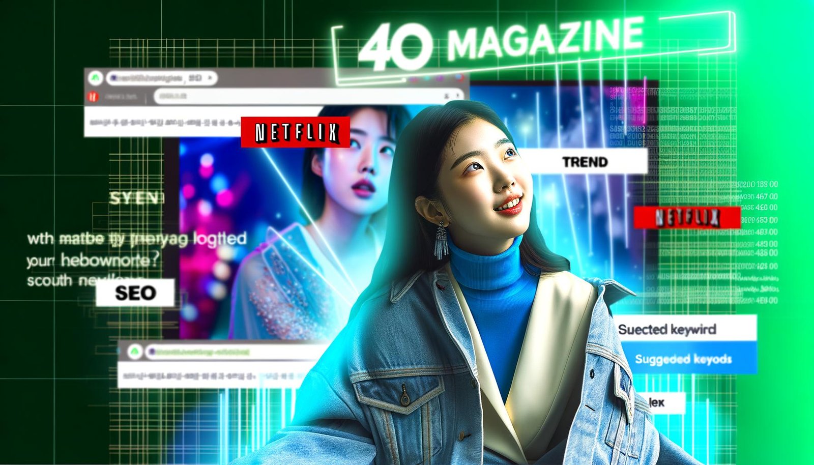 Junge koreanische Schauspielerin lässig und selbstbewusst im Rampenlicht eines modernen K-Drama-Sets mit digitalen Bildschirmelementen, die Keywords wie „SEO“, „Trend“ und „Netflix“ zeigen.
